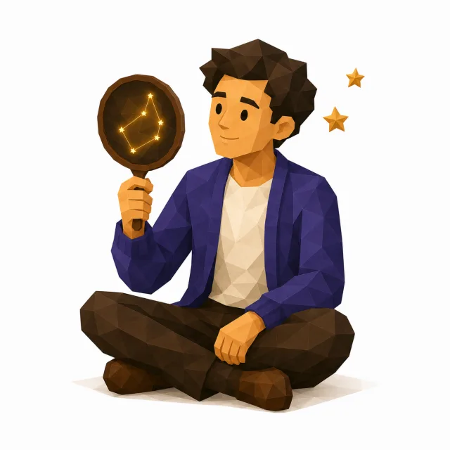 鏡をのぞき込むキャラクター